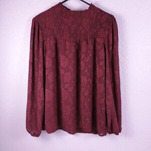 Mason & Belle Sheer Lined Floral Top Blouse Moc Neck Long Sleeve Women's L Wine
